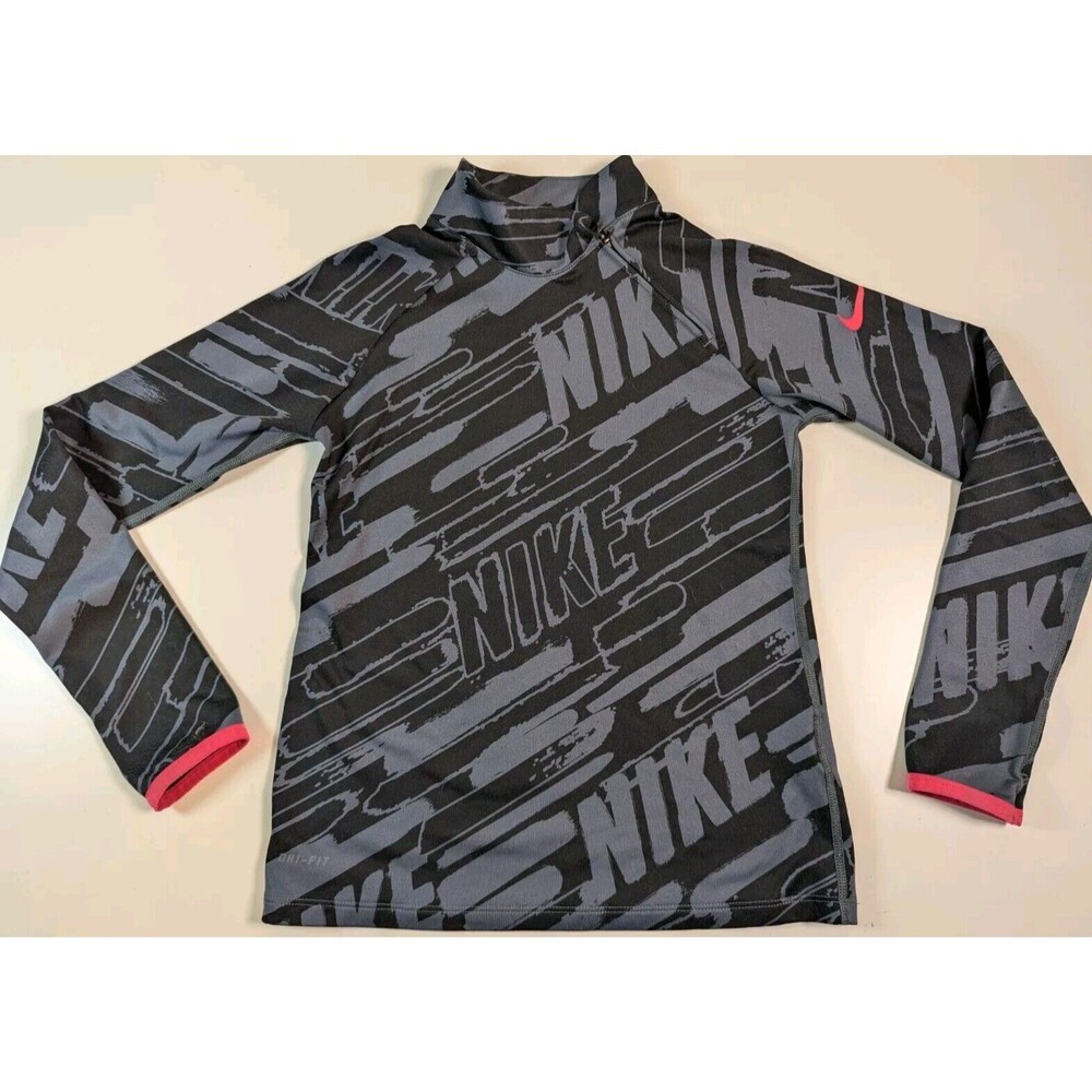 Nike Pro Black/Gray 1/4 Side Neck Zip Long Sleeve Shirt Size Girls Small